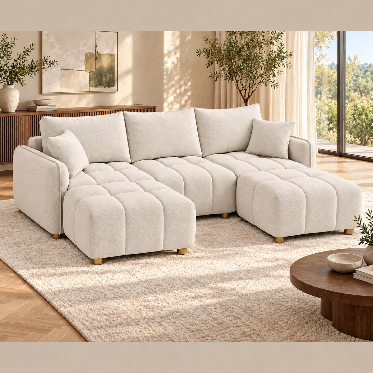 Canapé Huelva 3 places avec deux poufs, en velours beige, dans un salon