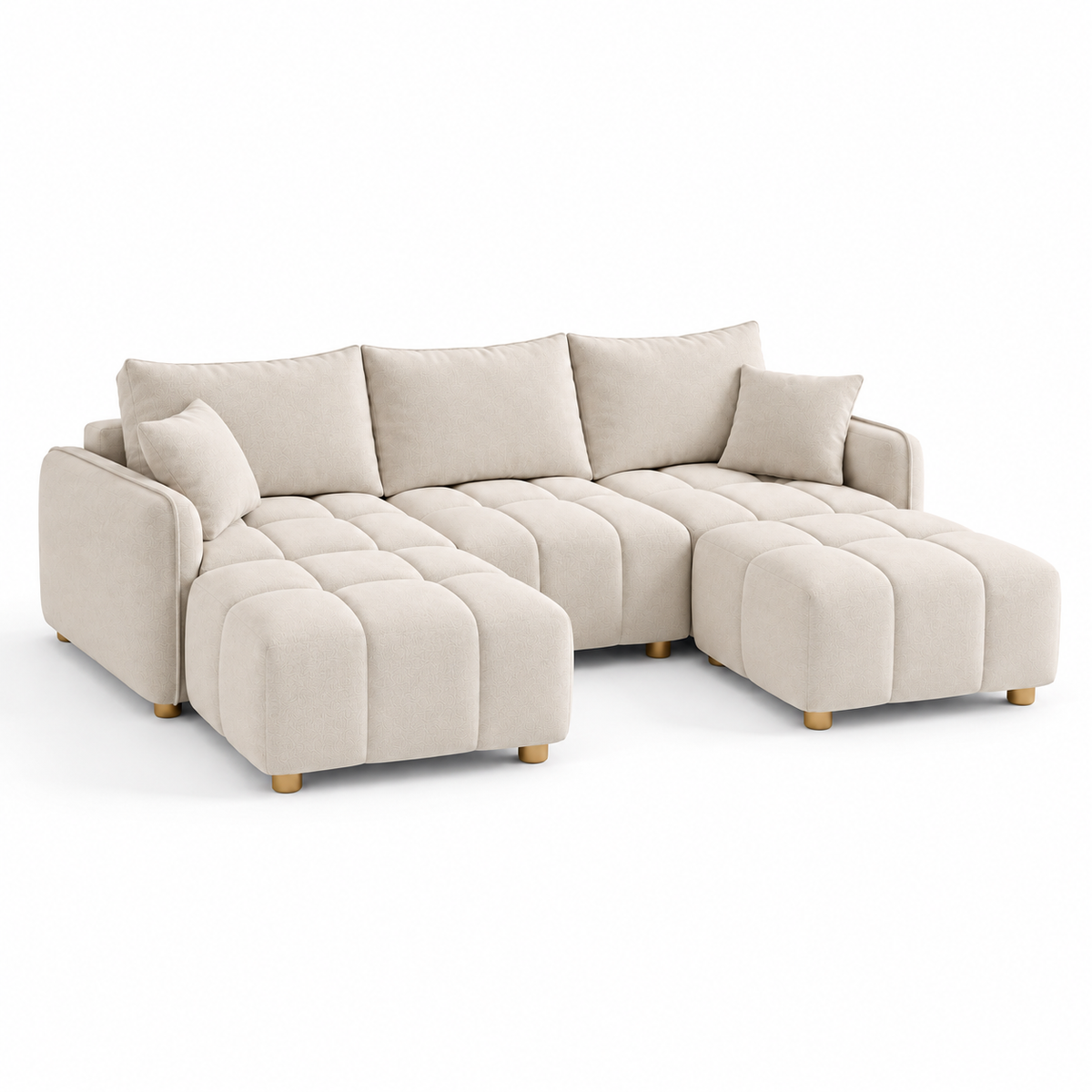 Canapé Huelva 3 places avec deux poufs, en velours beige, vue de trois-quarts