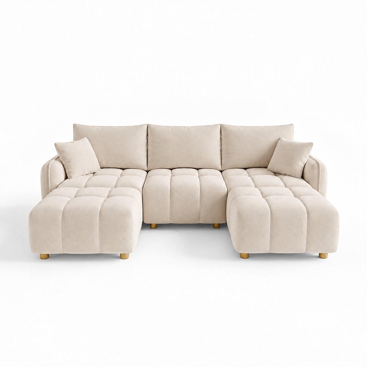 Canapé Huelva 3 places avec deux poufs, en velours beige, vue de face