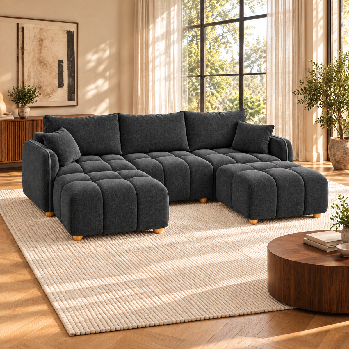 Canapé Huelva 3 places avec deux poufs, en velours gris anthracite, dans un salon