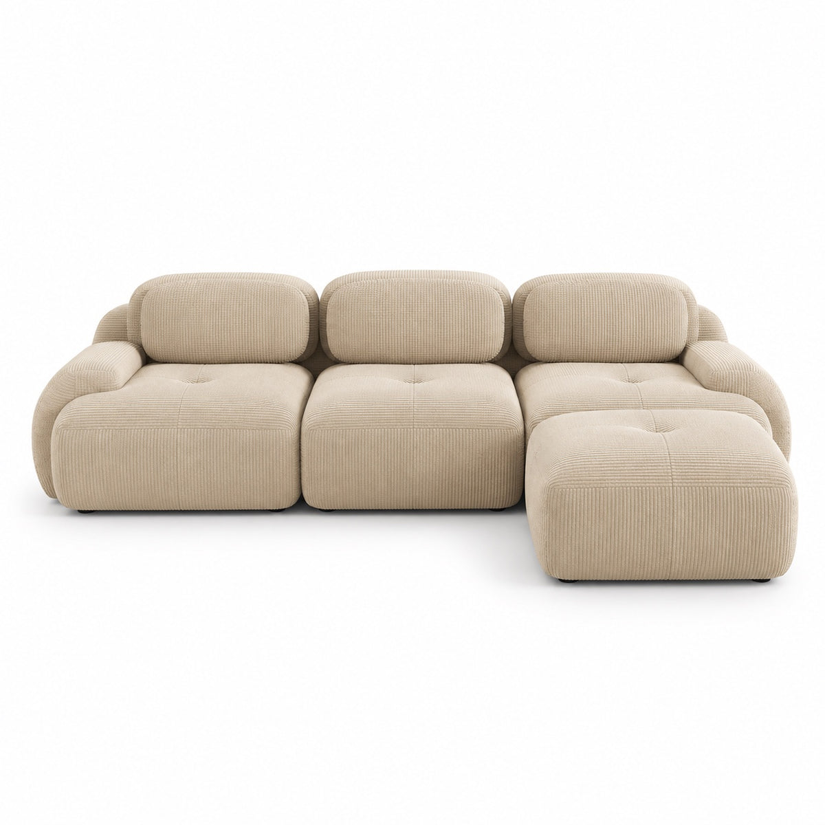 Canapé Grenade 3 places en velours côtelé beige avec pouf, vue de face