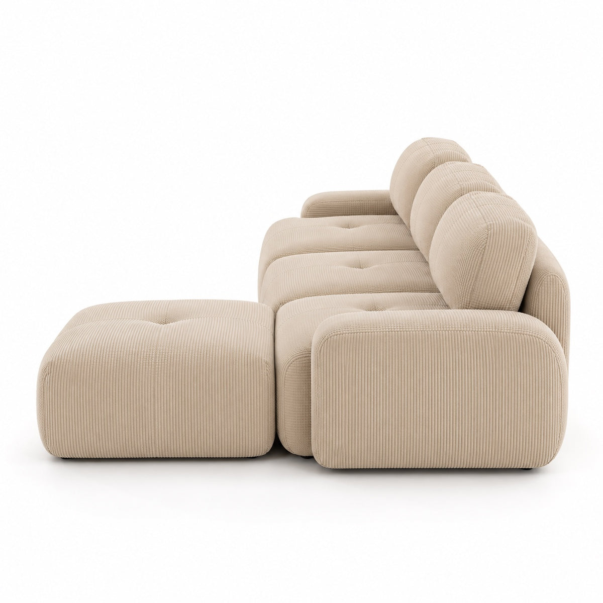 Canapé Grenade 3 places en velours côtelé beige avec pouf, vue de profil