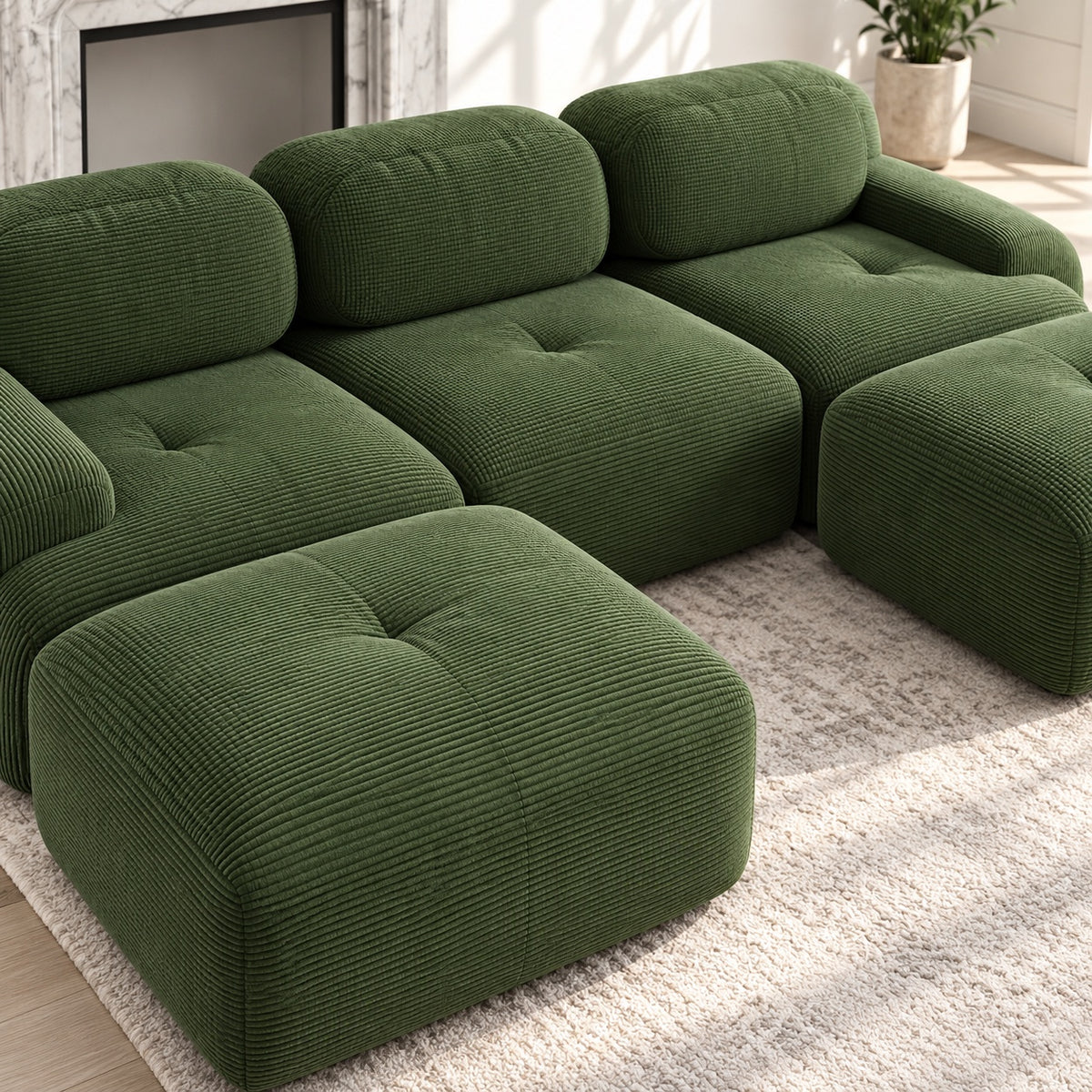 Canapé Grenade 3 places en velours côtelé vert olive avec 2 poufs, détail du tissu