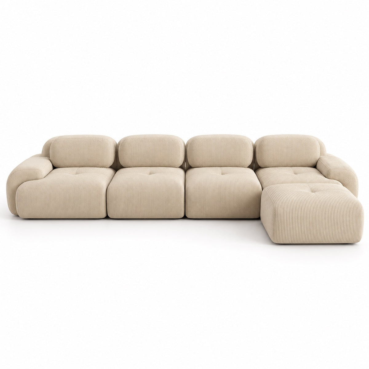 Canapé Grenade 4 places en velours côtelé beige avec pouf, vue de face