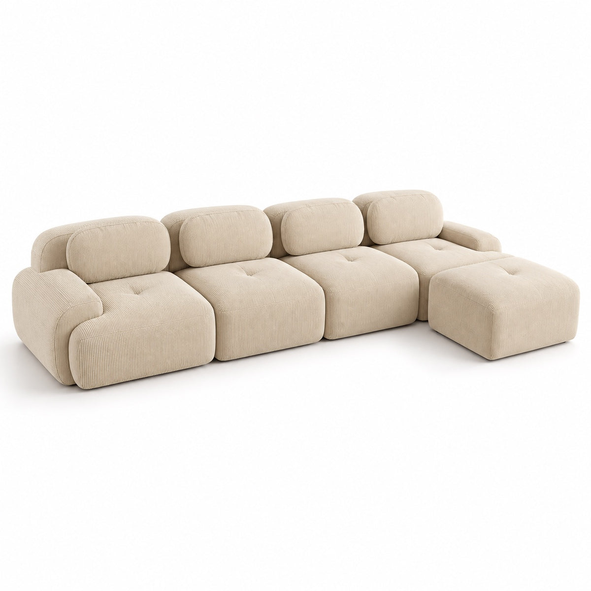 Canapé Grenade 4 places en velours côtelé beige avec pouf, vue trois quarts