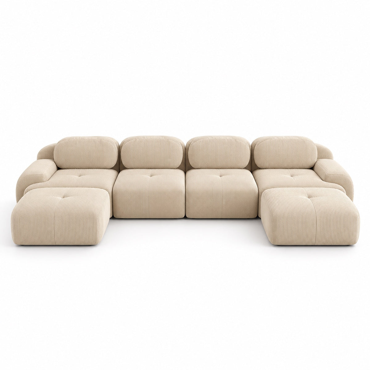 Canapé Grenade 4 places en velours côtelé beige avec 2 poufs, vue de face