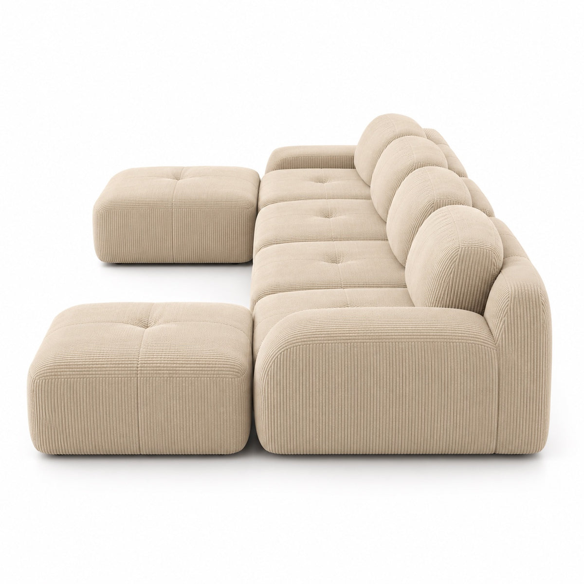 Canapé Grenade 4 places en velours côtelé beige avec 2 poufs, vue de profil
