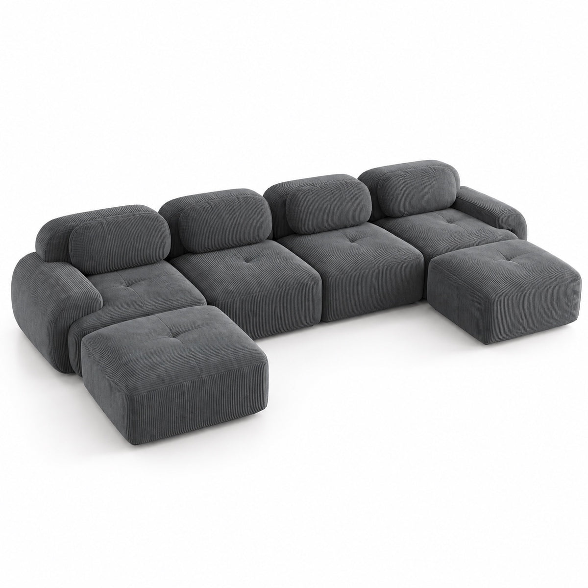 Canapé Grenade 4 places en velours côtelé gris avec 2 poufs, vue trois quarts