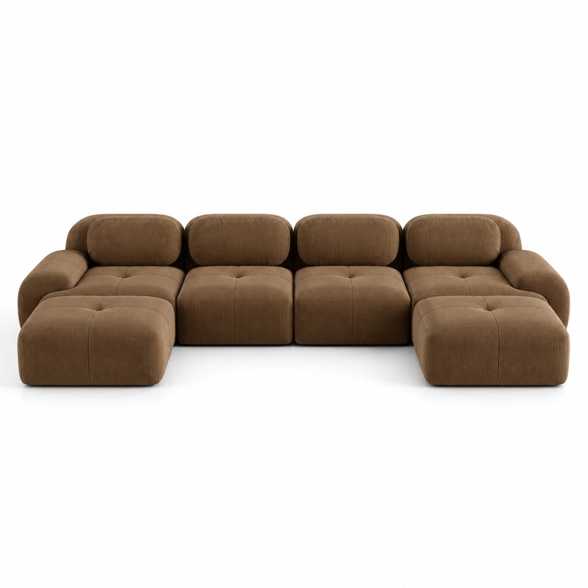 Canapé Grenade 4 places en velours côtelé marron avec 2 poufs, vue de face