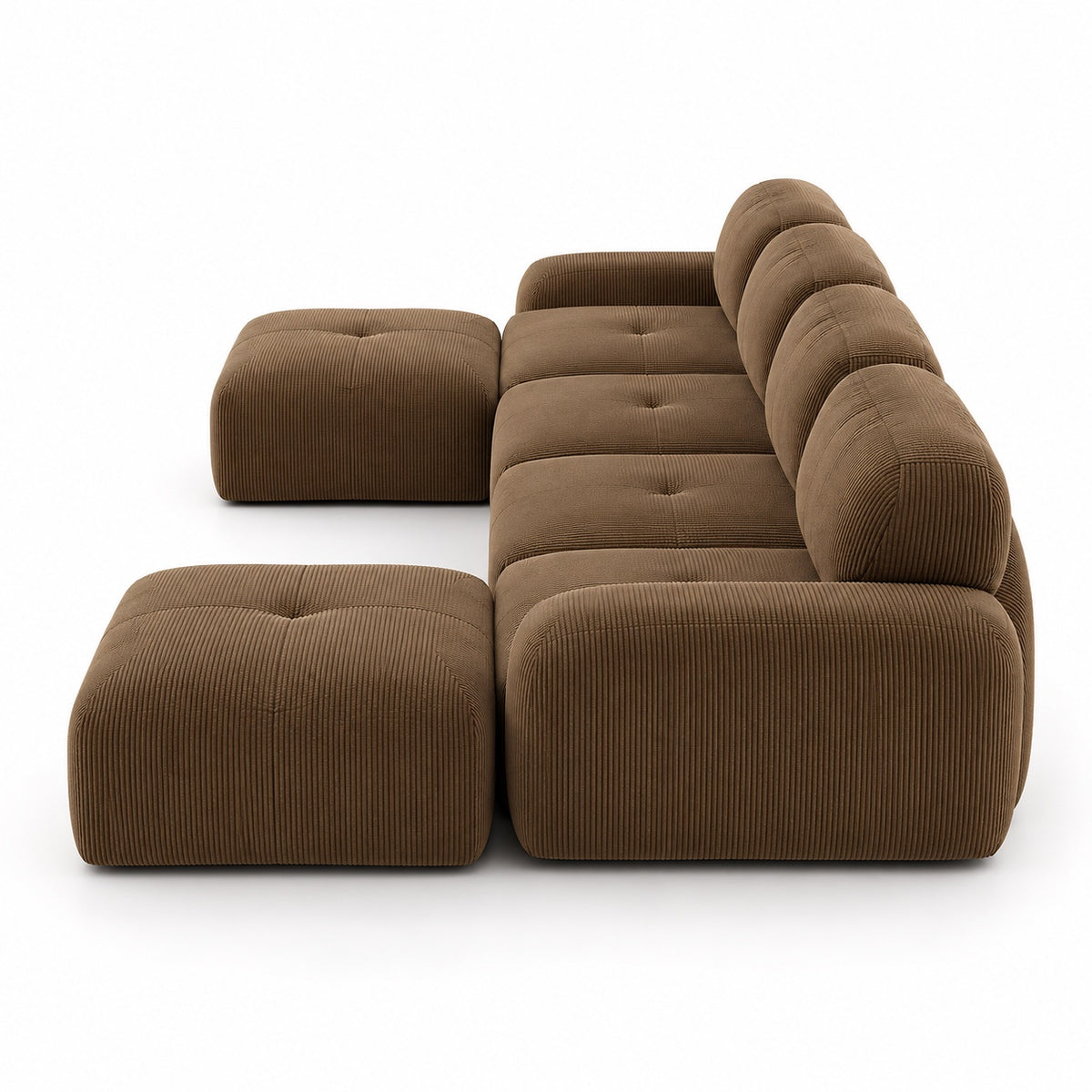 Canapé Grenade 4 places en velours côtelé marron avec 2 poufs, vue de profil