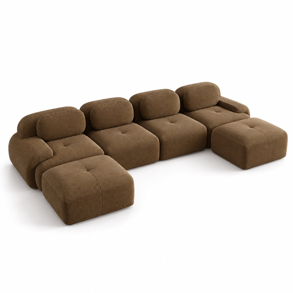 Canapé Grenade 4 places en velours côtelé marron avec 2 poufs, vue trois quarts