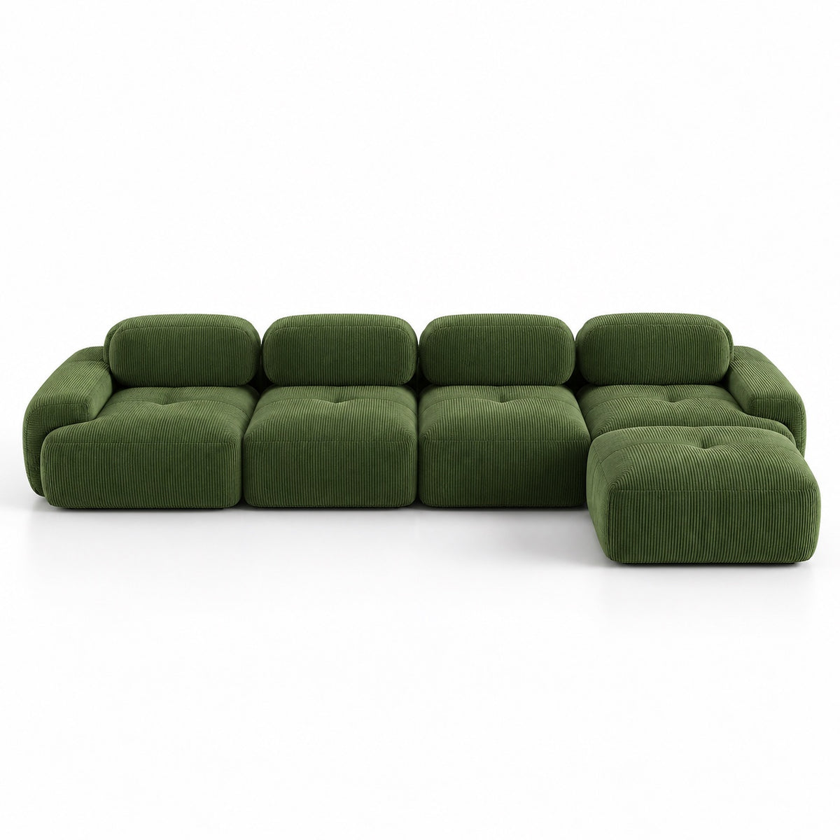 Canapé Grenade 4 places en velours côtelé vert olive avec pouf, vue de face
