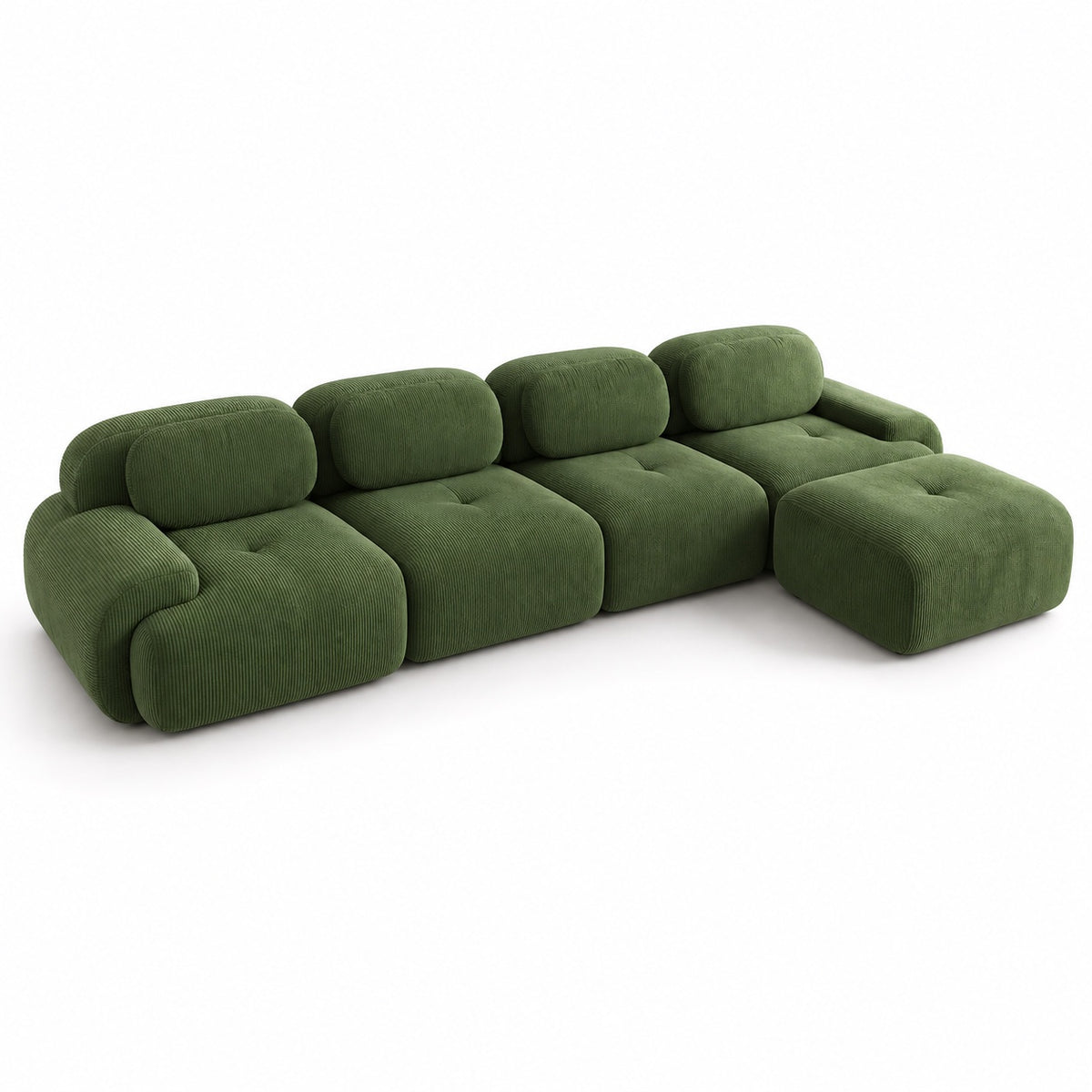Canapé Grenade 4 places en velours côtelé vert olive avec pouf, vue trois quarts