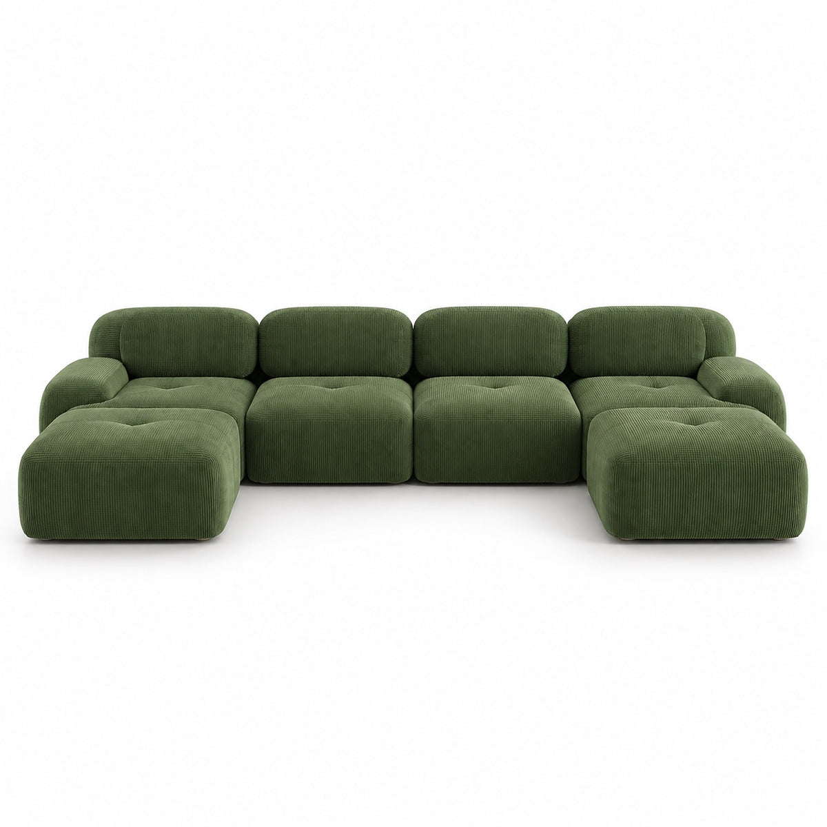 Canapé Grenade 4 places en velours côtelé vert olive avec 2 poufs, vue de face