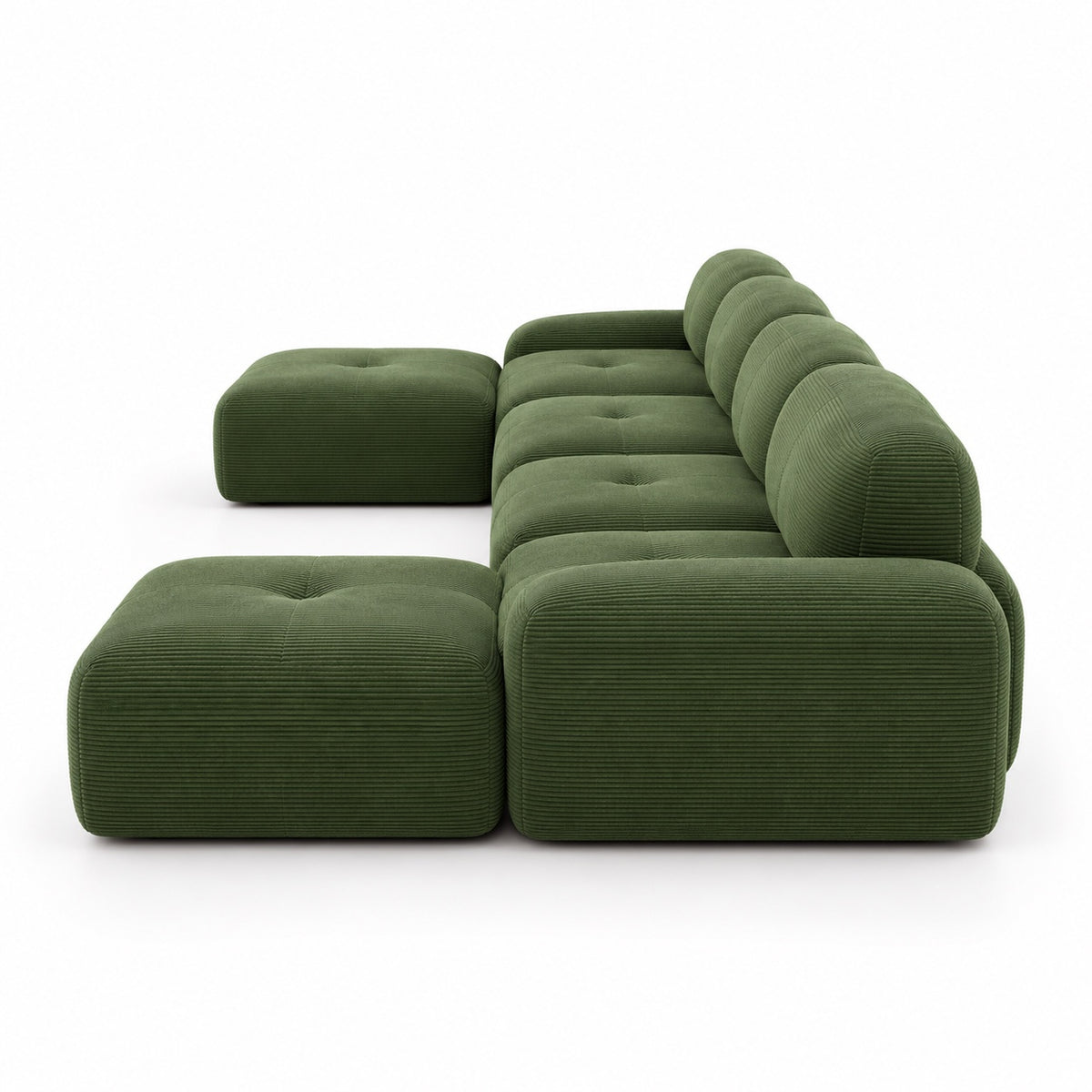 Canapé Grenade 4 places en velours côtelé vert olive avec 2 poufs, vue de profil
