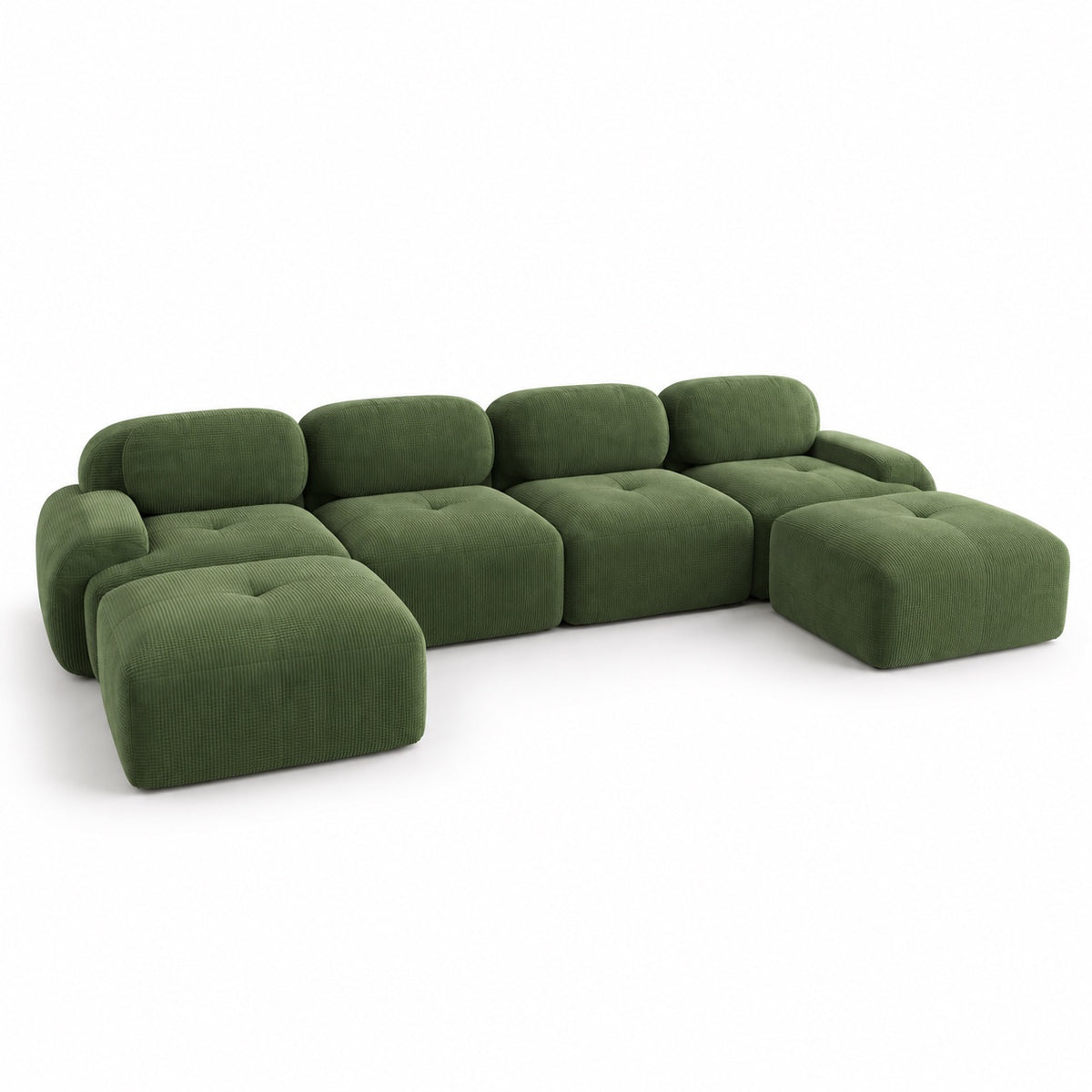 Canapé Grenade 4 places en velours côtelé vert olive avec 2 poufs, vue trois quarts