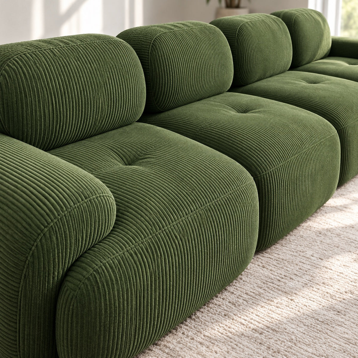 Canapé Grenade 4 places en velours côtelé vert olive, détail du tissu