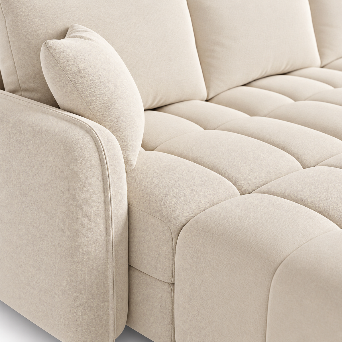 Canapé Huelva 3 places avec deux poufs, en velours beige, détail du tissu