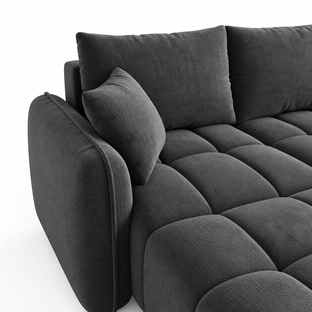 Canapé Huelva 3 places avec deux poufs, en velours gris anthracite, détail du tissu