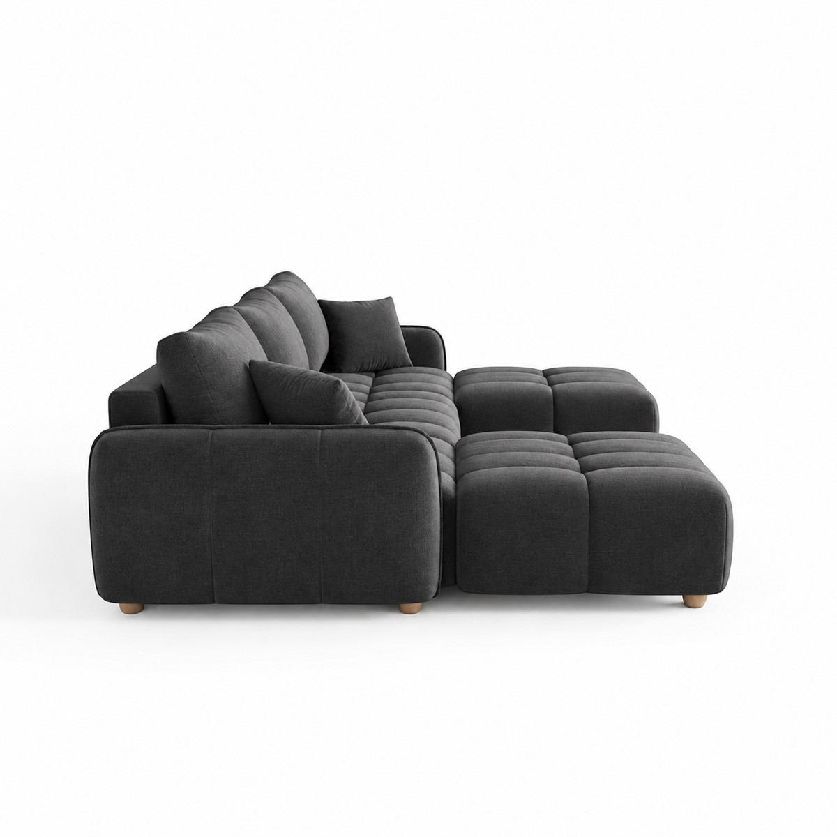 Canapé Huelva 3 places avec deux poufs, en velours gris anthracite, vue de dos