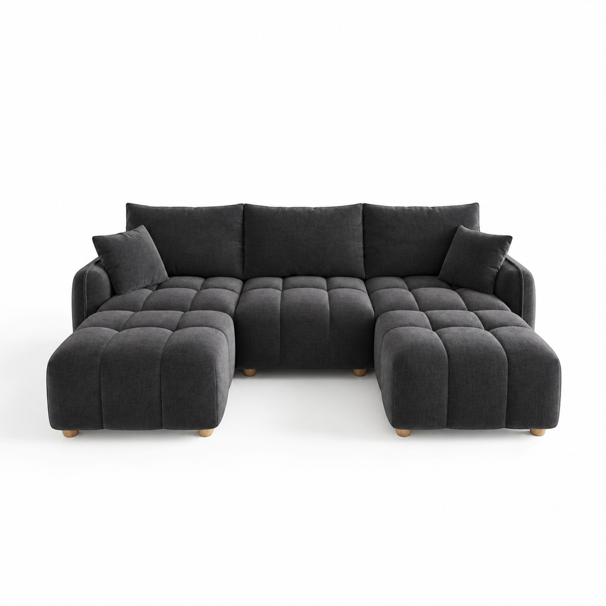 Canapé Huelva 3 places avec deux poufs, en velours gris anthracite, vue de face