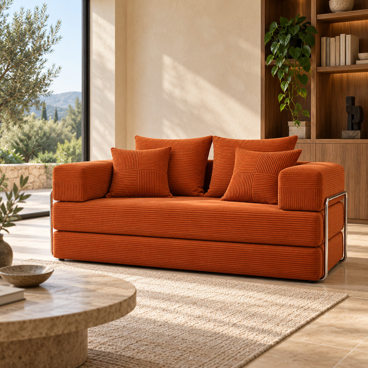 Canapé convertible Jaén 2 places en velours côtelé terracotta en situation dans un salon