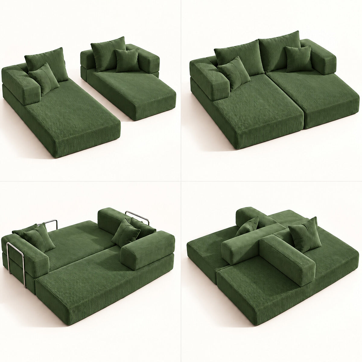 Canapé convertible Jaén 2 places en velours côtelé vert olive, quatre configurations modulables