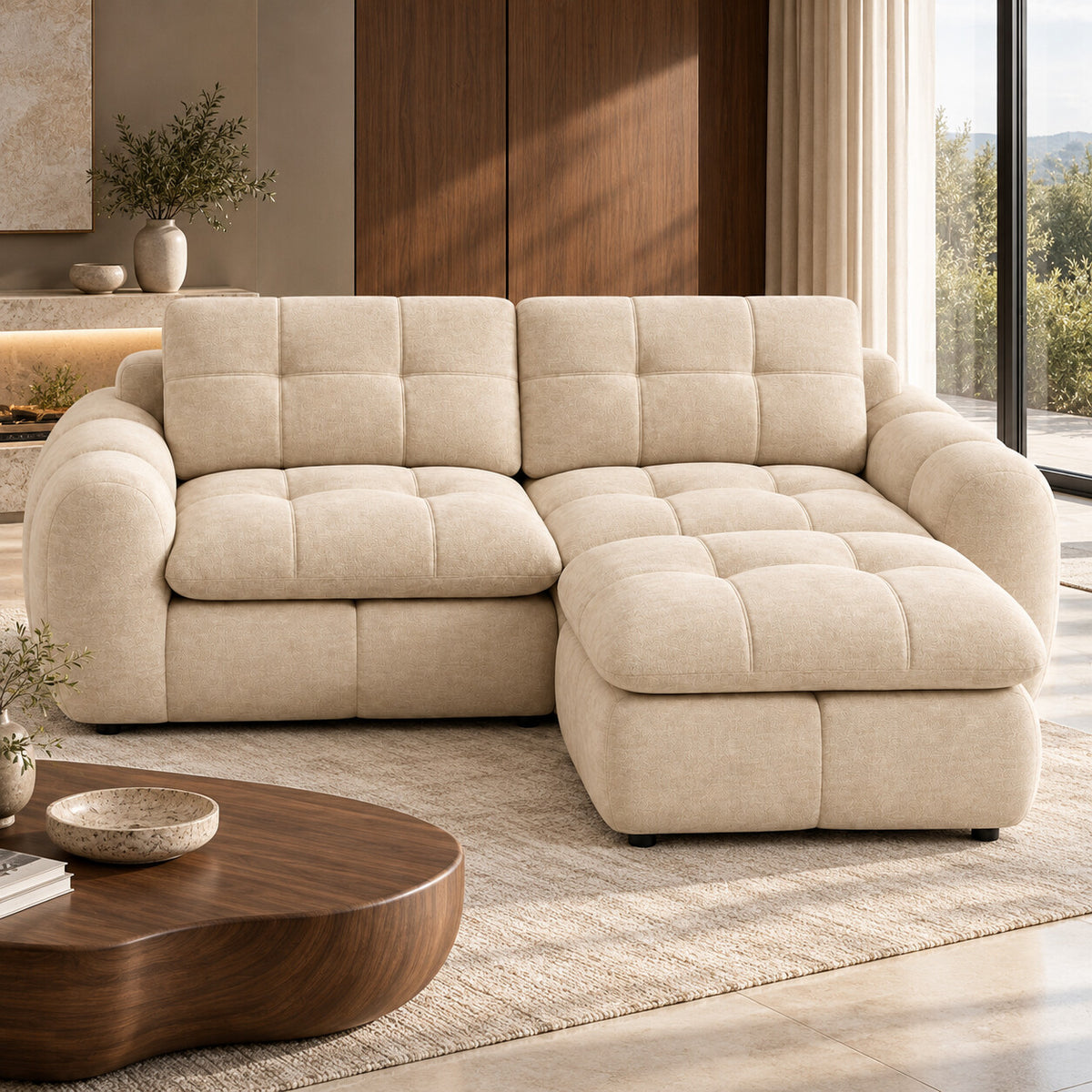 Canapé modulable Ronda 2 places beige avec pouf en situation dans un salon