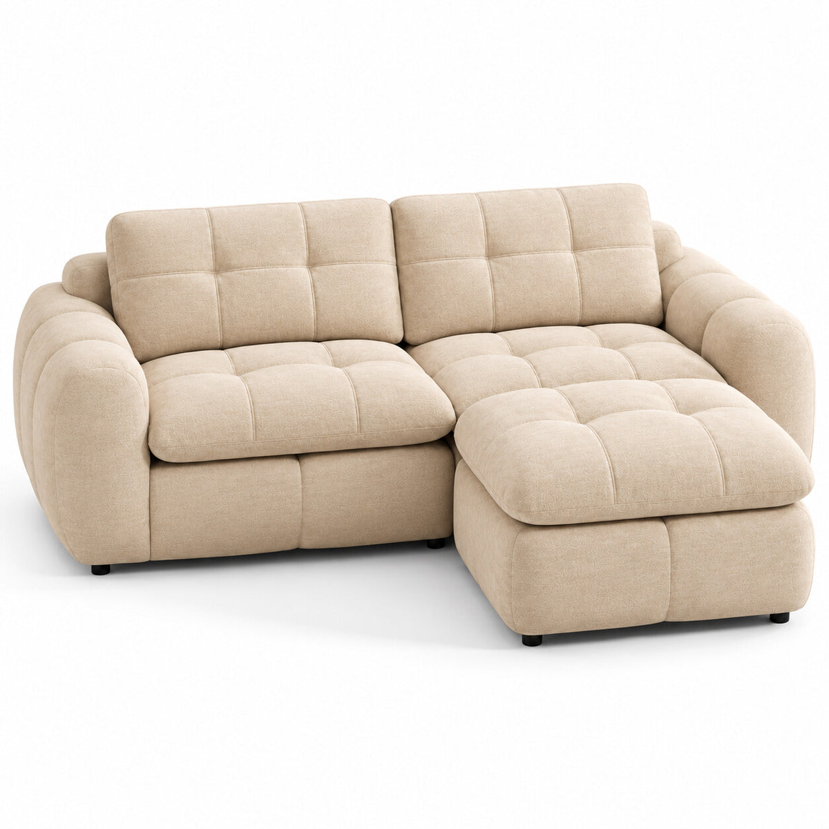 Canapé modulable Ronda 2 places beige avec pouf, vue trois quarts