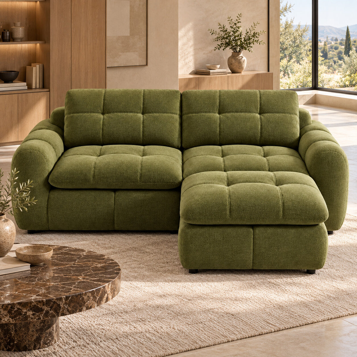 Canapé modulable Ronda 2 places vert olive avec pouf en situation dans un salon