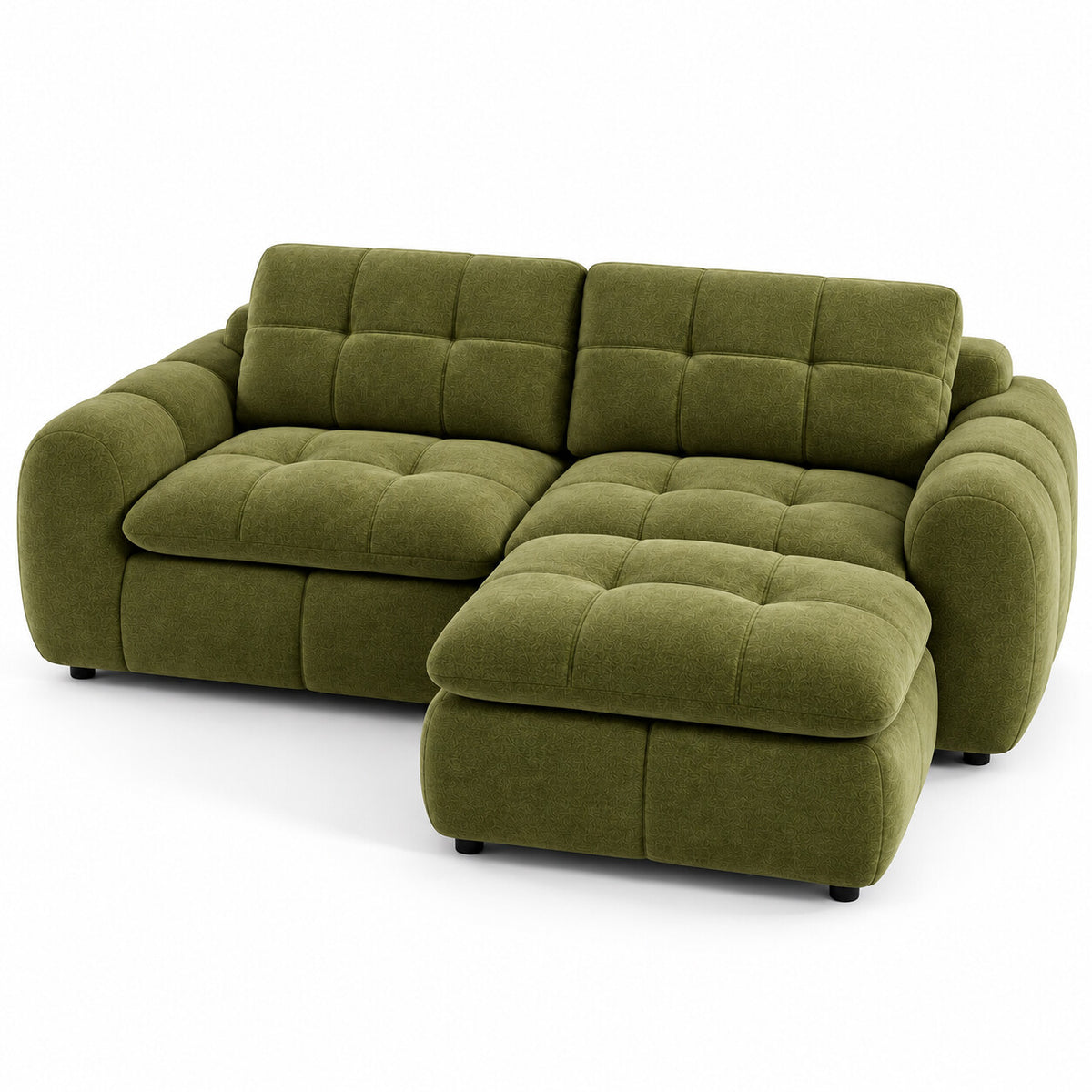Canapé modulable Ronda 2 places vert olive avec pouf, vue trois quarts