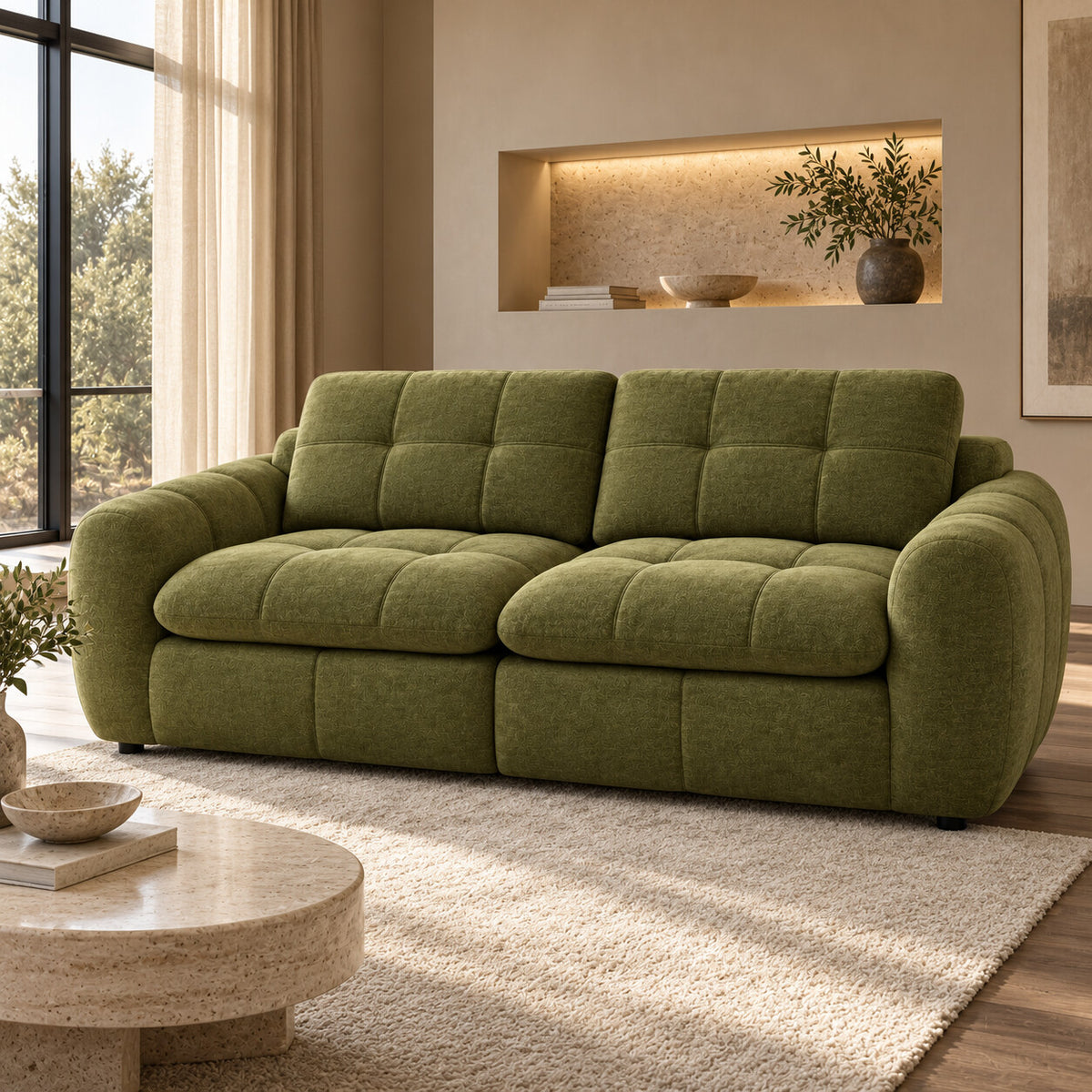 Canapé modulable Ronda 2 places vert olive en situation dans un salon