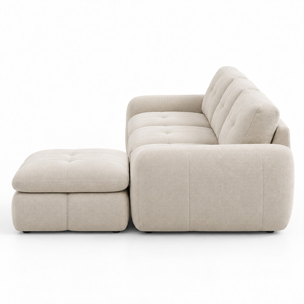 Canapé modulable Ronda 3 places beige avec pouf, vue de profil