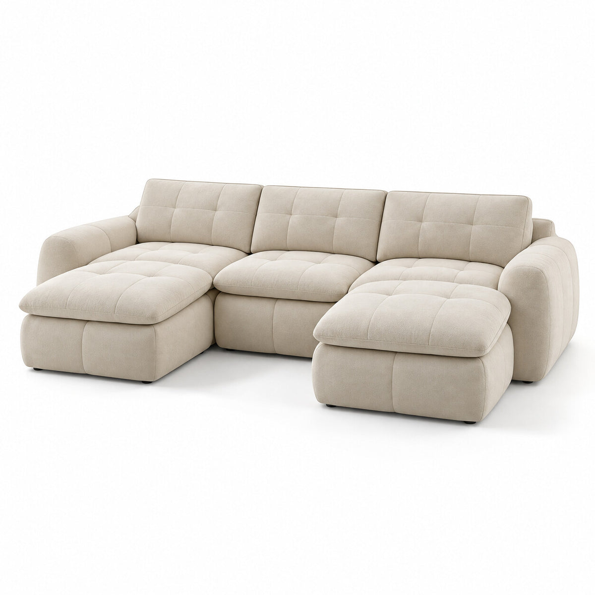 Canapé modulable Ronda 3 places beige avec deux poufs, vue trois quarts