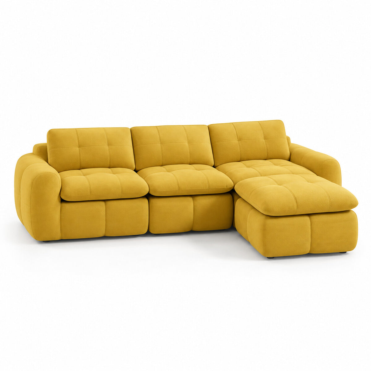 Canapé modulable Ronda 3 places jaune moutarde avec pouf, vue trois quarts