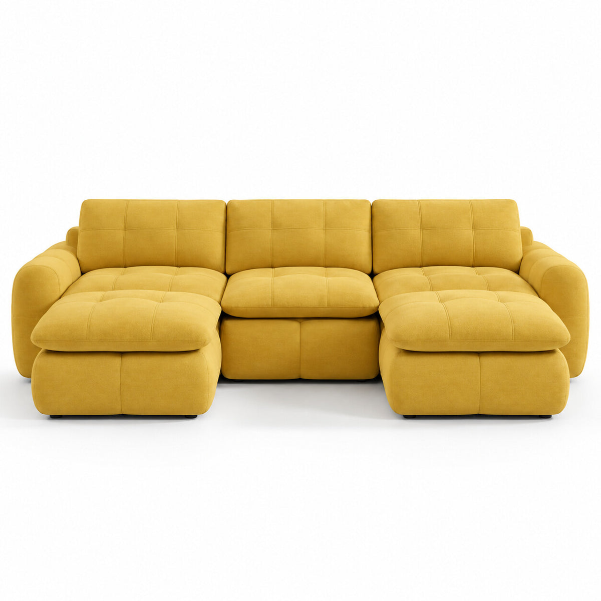 Canapé modulable Ronda 3 places jaune moutarde avec deux poufs, vue de face