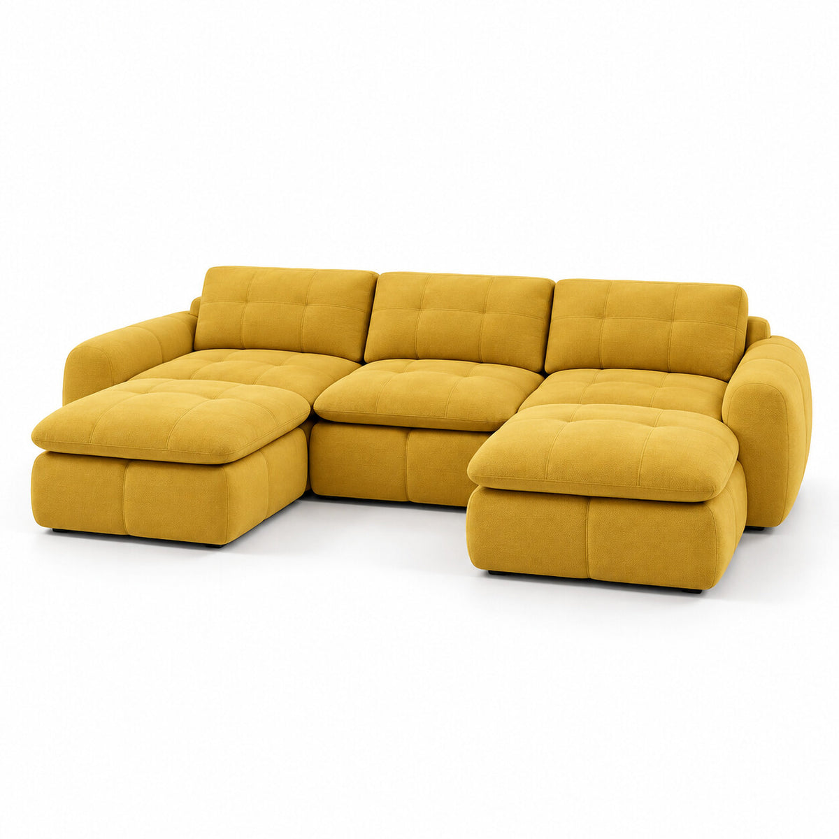 Canapé modulable Ronda 3 places jaune moutarde avec deux poufs, vue trois quarts