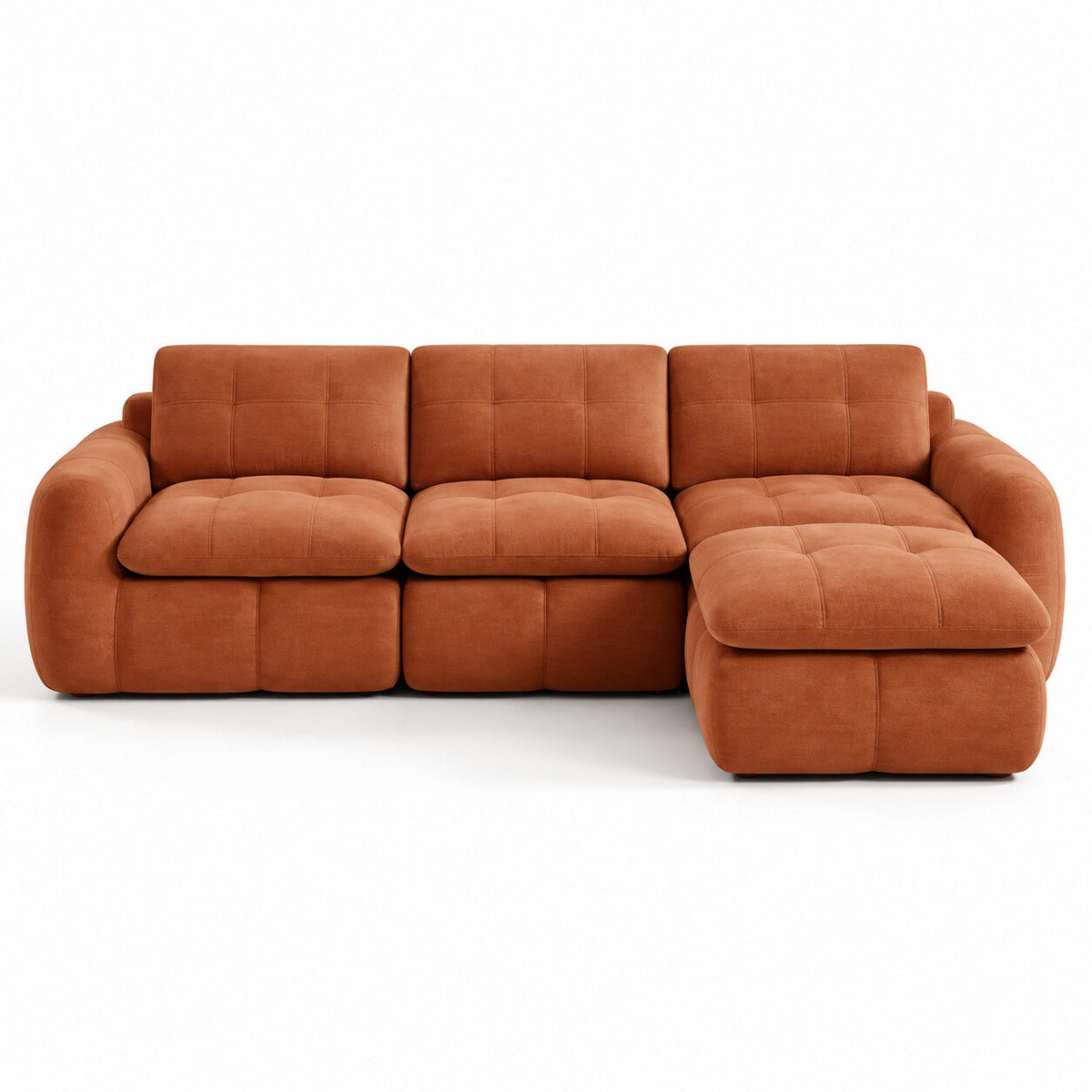Canapé modulable Ronda 3 places terracotta avec pouf, vue de face