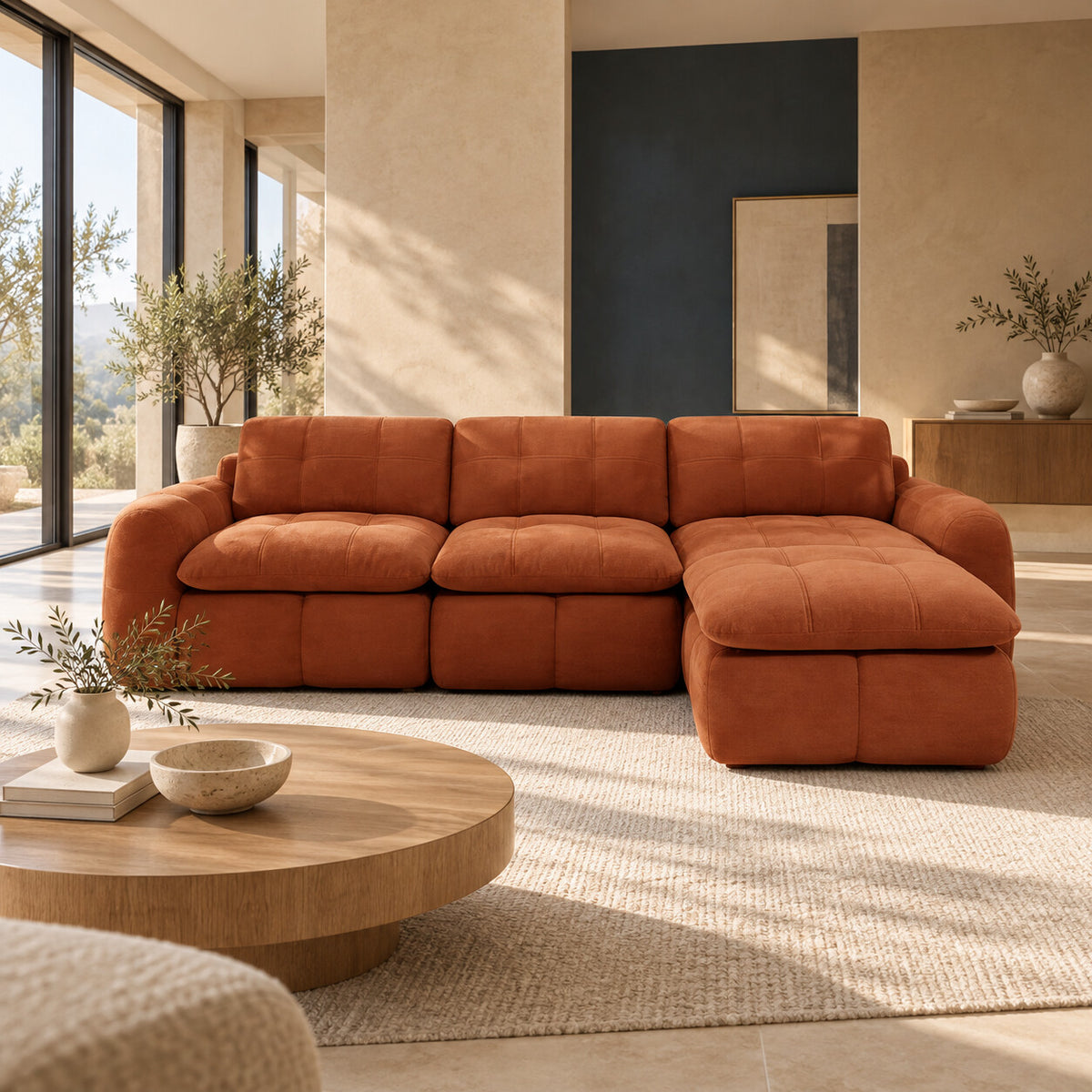 Canapé modulable Ronda 3 places terracotta avec pouf en situation dans un salon