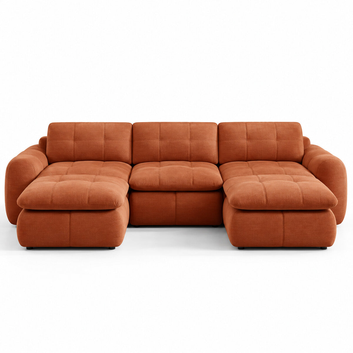 Canapé modulable Ronda 3 places terracotta avec deux poufs, vue de face