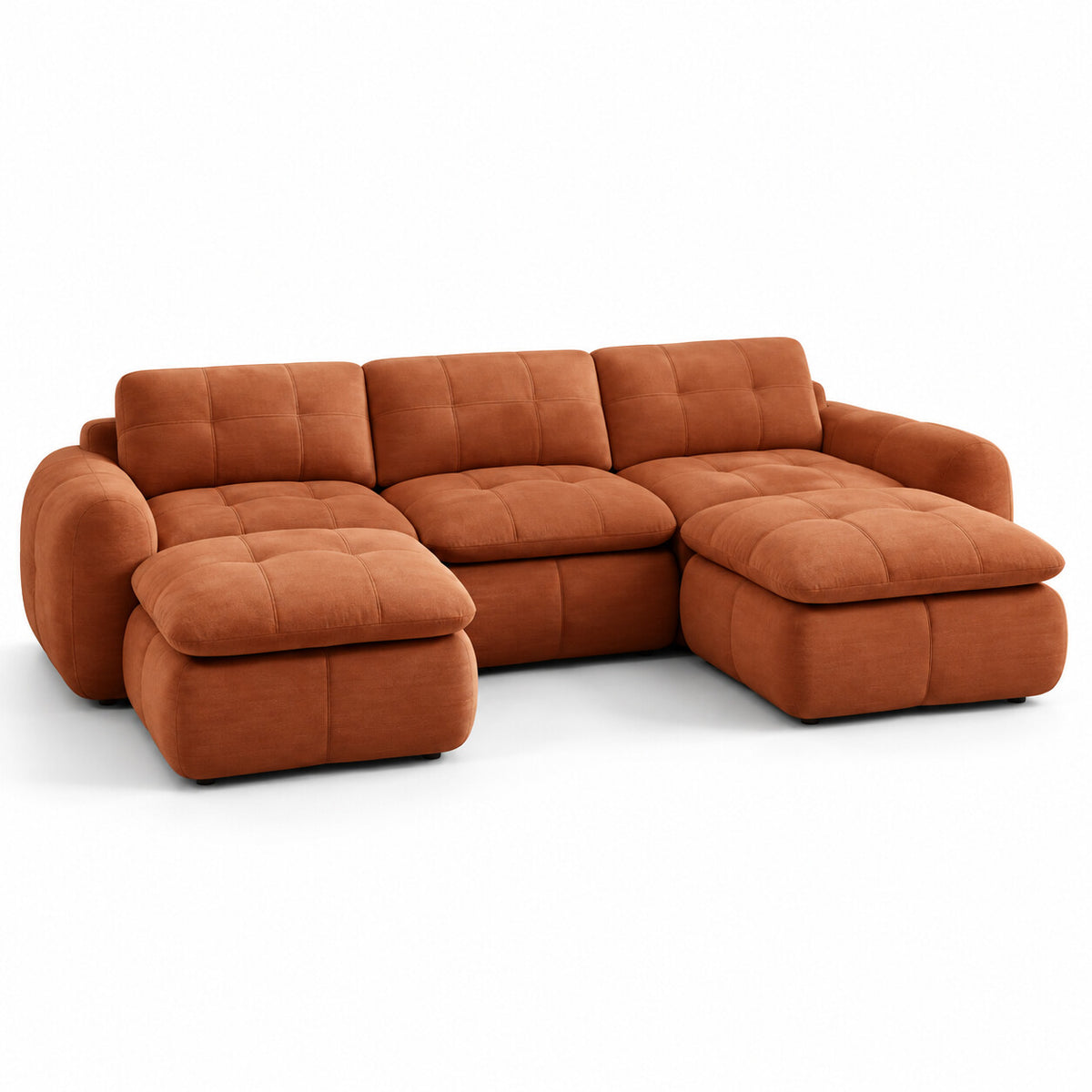 Canapé modulable Ronda 3 places terracotta avec deux poufs, vue trois quarts