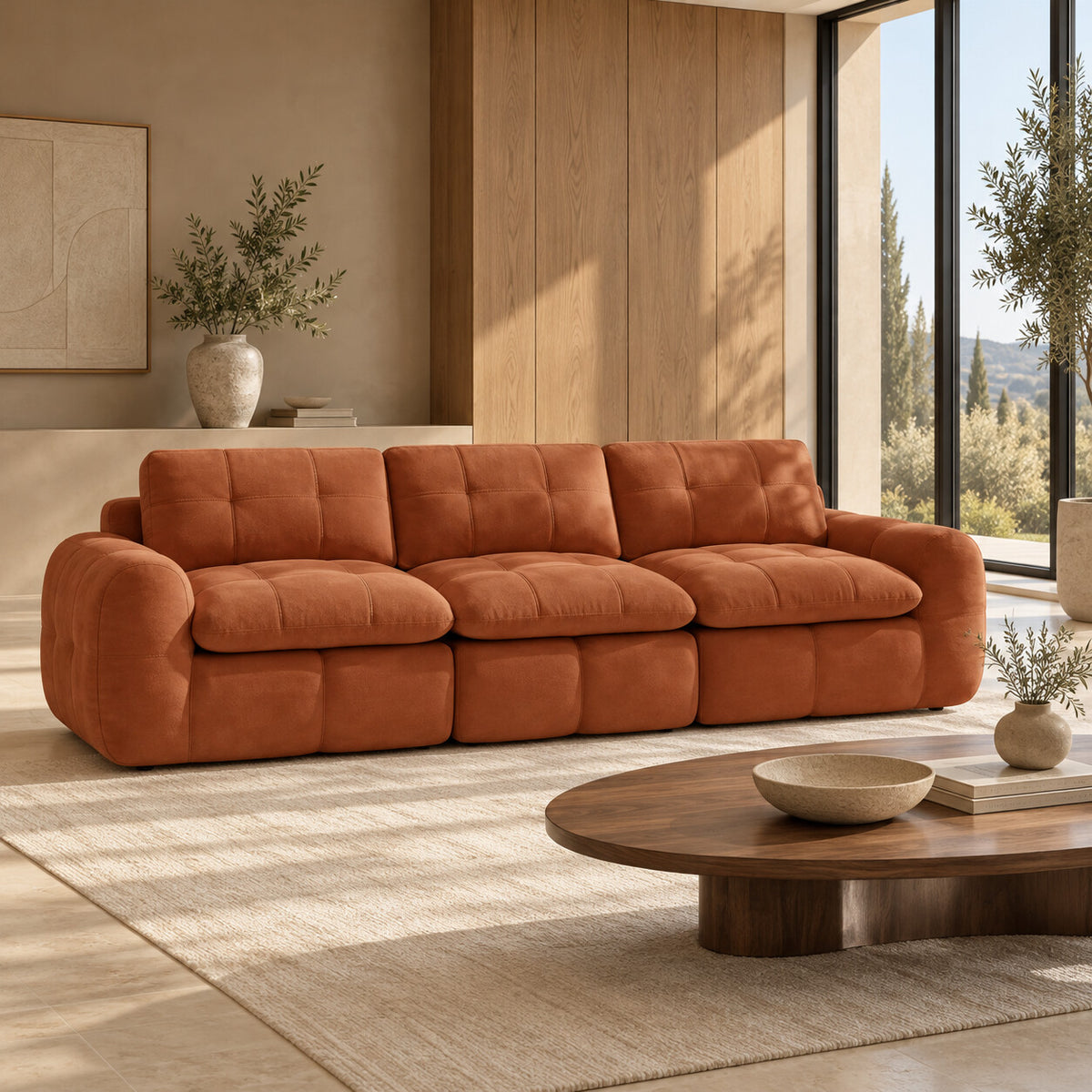 Canapé modulable Ronda 3 places terracotta en situation dans un salon