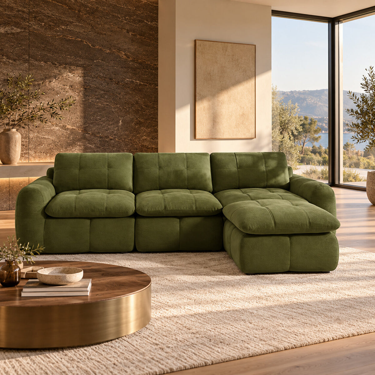 Canapé modulable Ronda 3 places vert olive avec pouf en situation dans un salon
