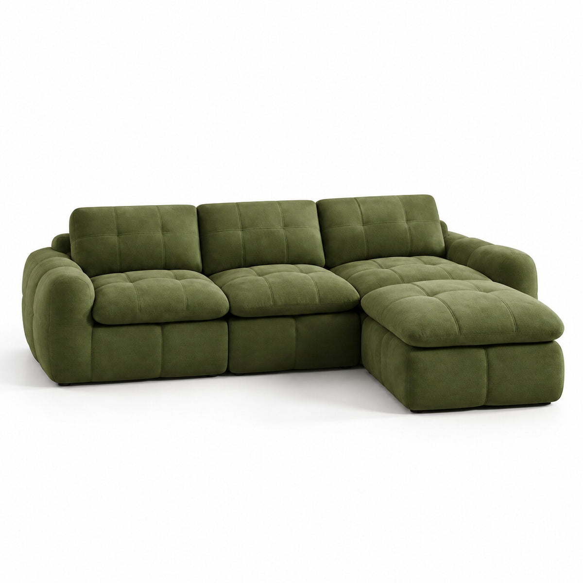 Canapé modulable Ronda 3 places vert olive avec pouf, vue trois quarts