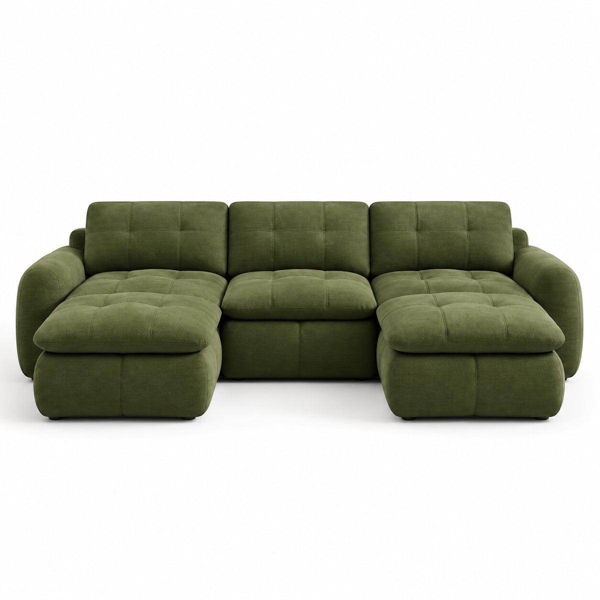 Canapé modulable Ronda 3 places vert olive avec deux poufs, vue de face