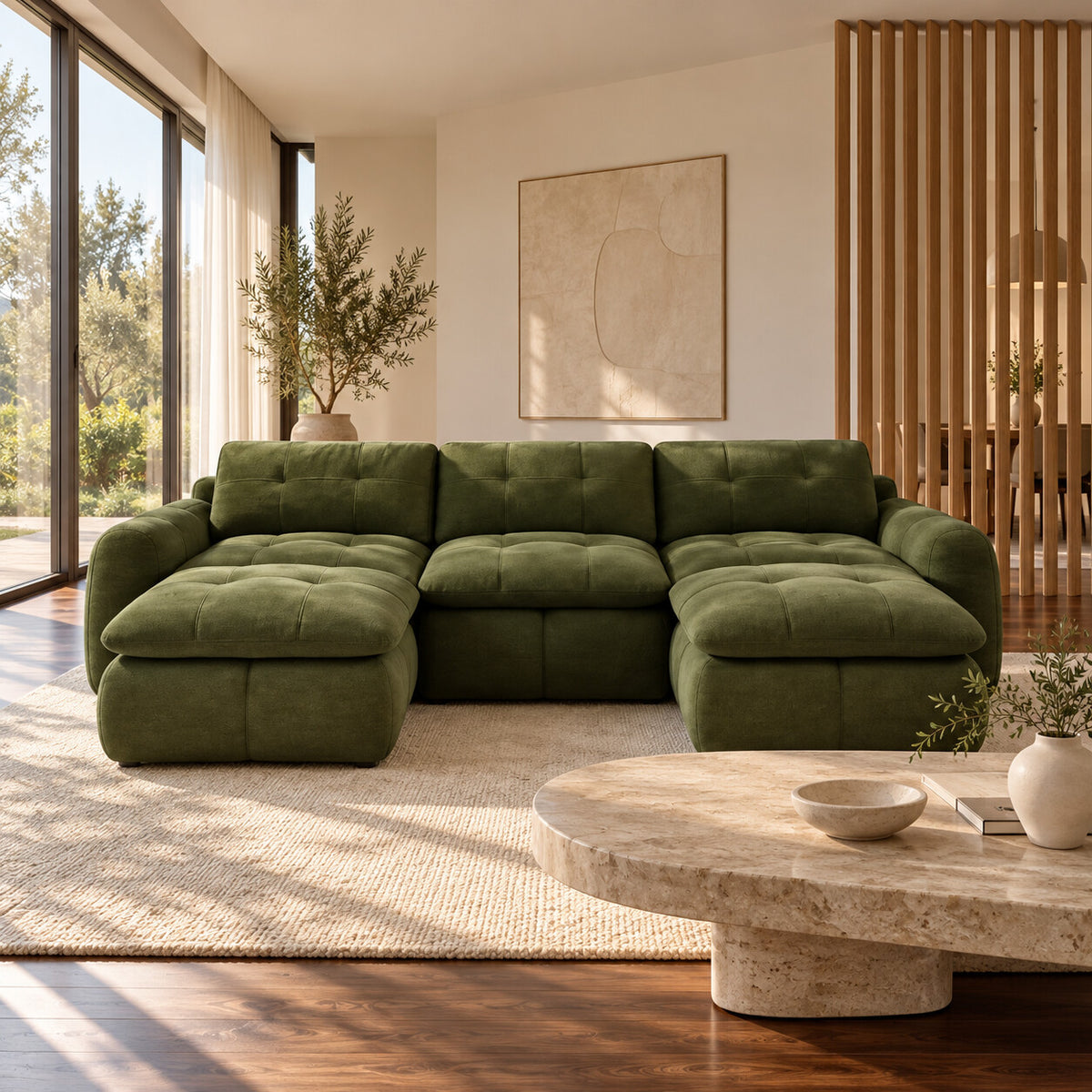 Canapé modulable Ronda 3 places vert olive avec deux poufs en situation dans un salon