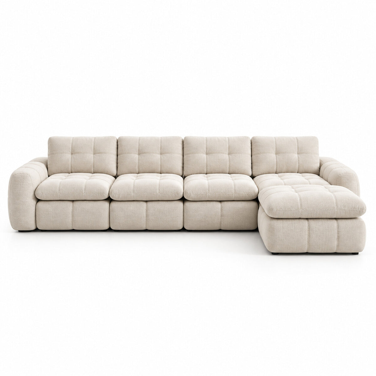 Canapé modulable Ronda 4 places beige avec pouf, vue de face