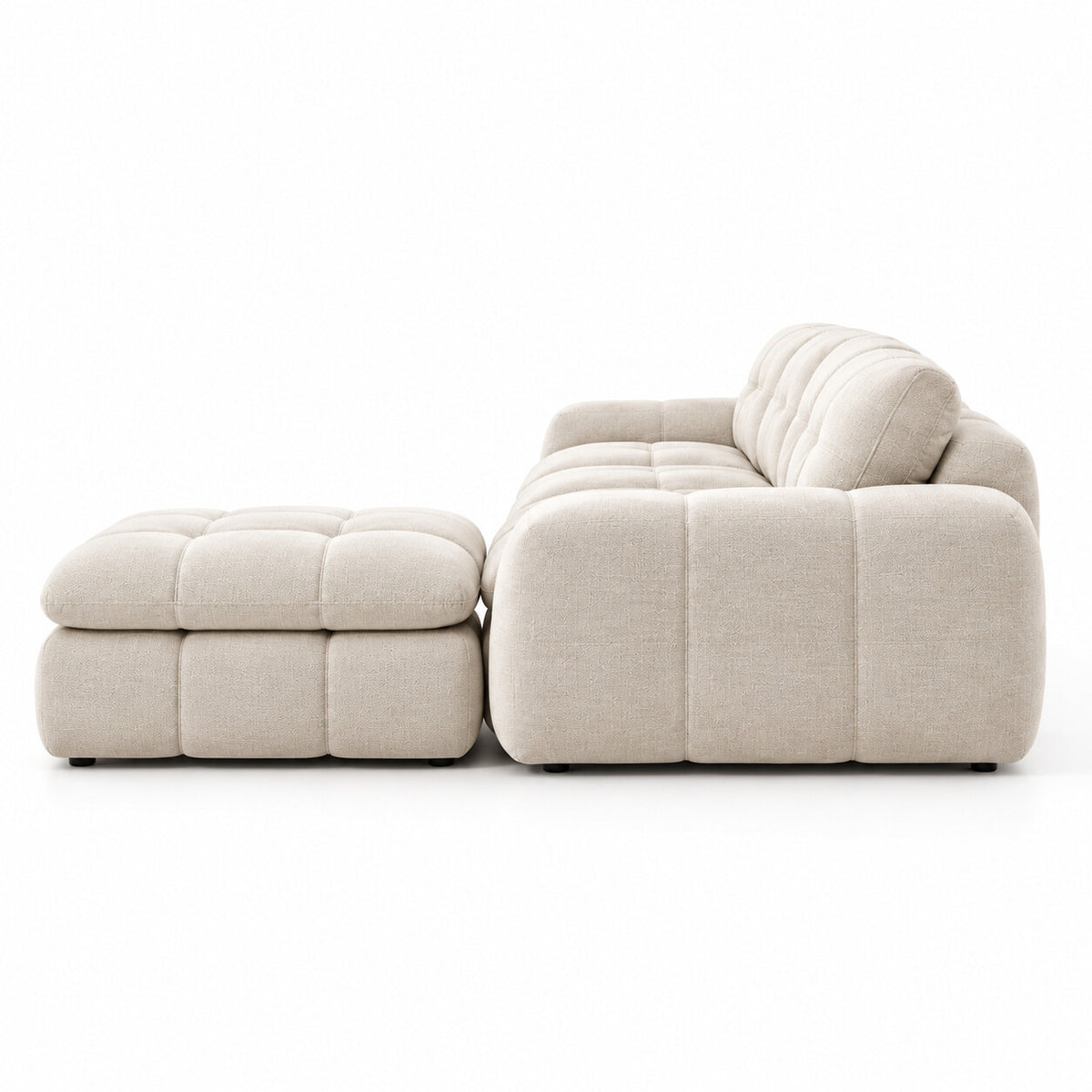 Canapé modulable Ronda 4 places beige avec pouf, vue de profil