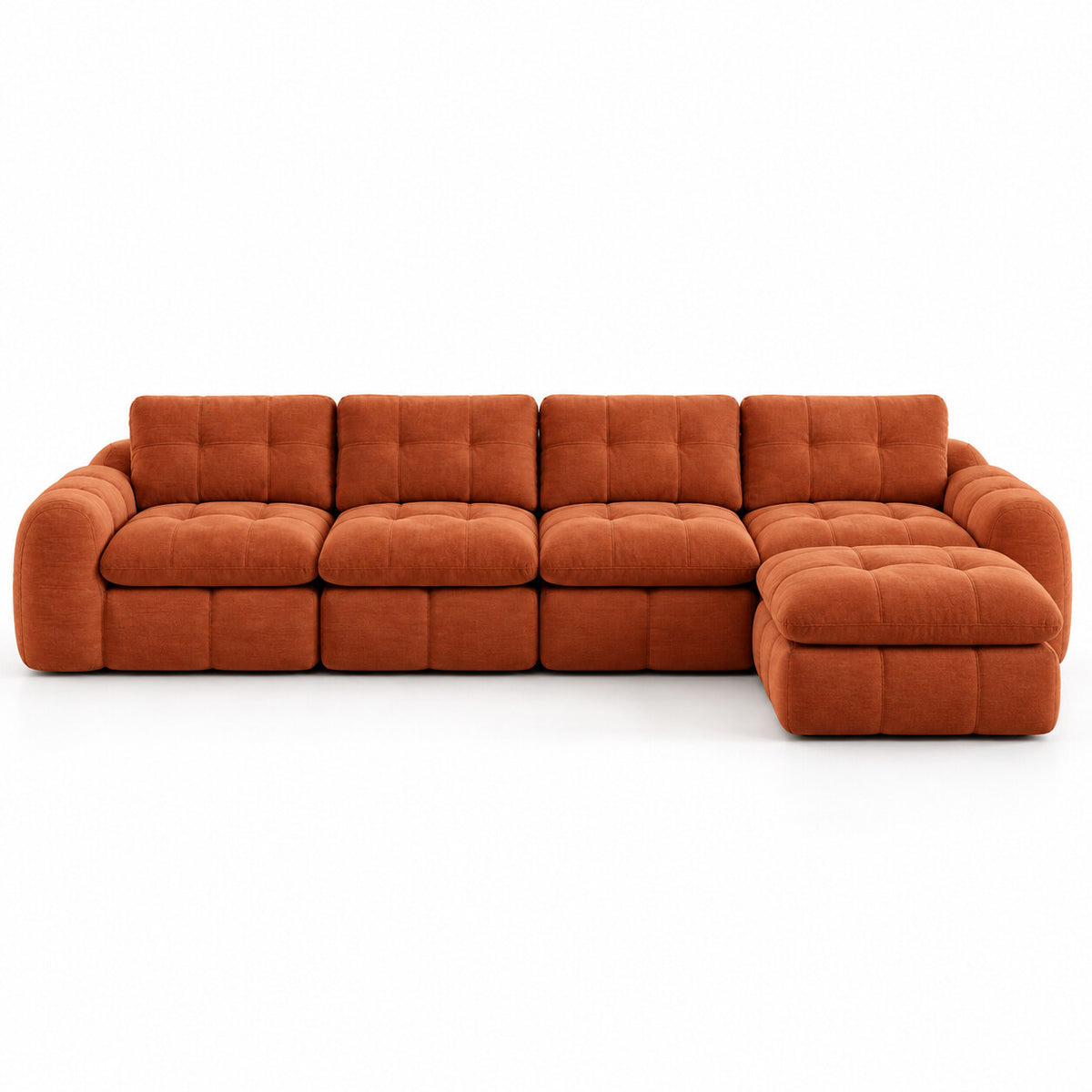 Canapé modulable Ronda 4 places terracotta avec pouf, vue de face