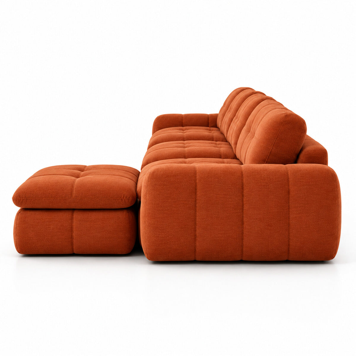 Canapé modulable Ronda 4 places terracotta avec pouf, vue de profil